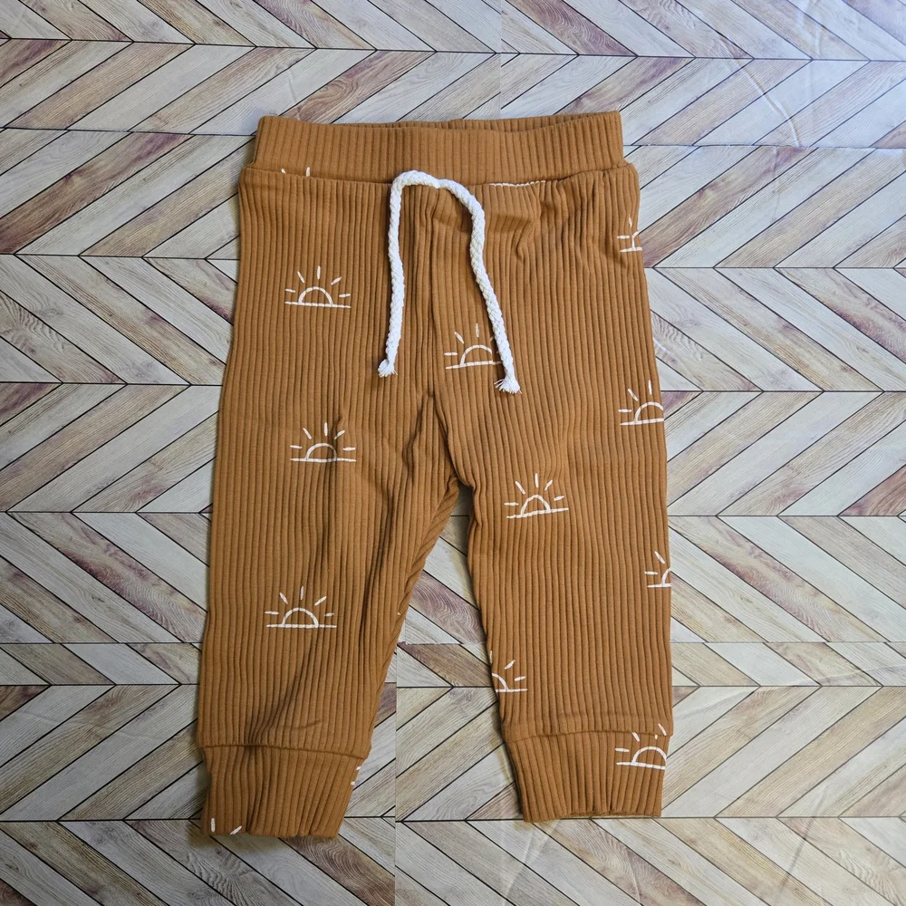 Baby Boy Girl Sun Print Ribbed Long Sleeve Onesie Pants Beanie Lounge Set 12-18M